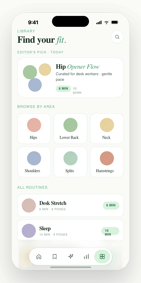 StretchSmart library — Find your fit, with an editor's pick and routines browsable by body area