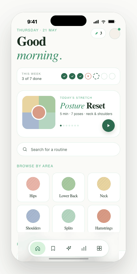StretchSmart home — Good morning, with today's Posture Reset stretch and weekly progress
